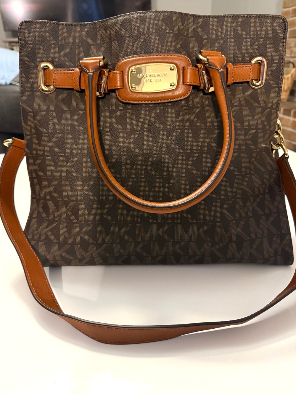 Michael Kors Brown MK Monogram Shoulder Bag with Tan Leather Trim